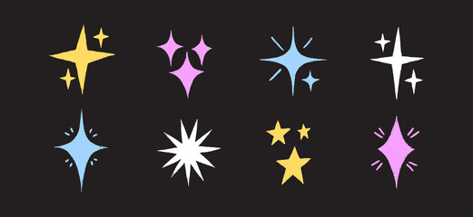 Crayon star illustrations with pastel chalk texture and brush lines. Hand drawn colorful shapes bring a playful sparkle for school projects