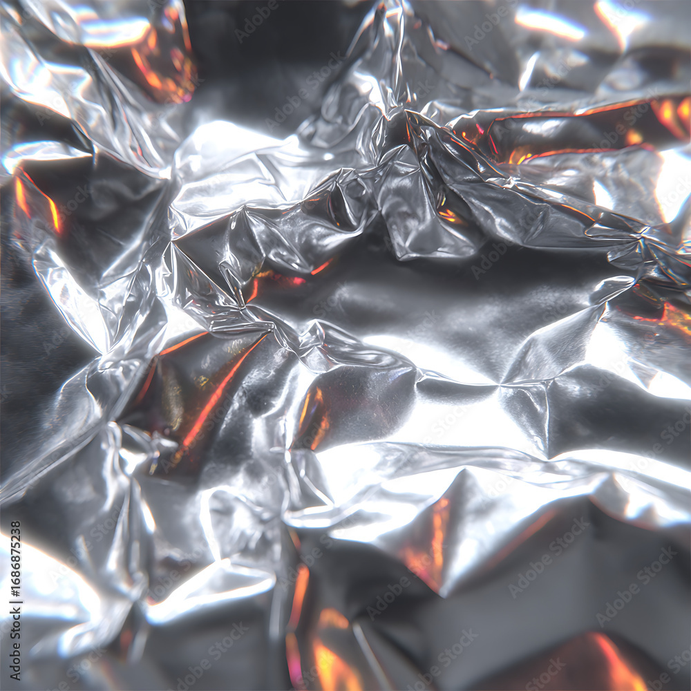 Poster a close-up, macro shot of a crumpled, reflective silver foil surface, creating a dynamic and abstrac