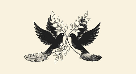 Symmetrical illustration of two black doves holding olive branches.