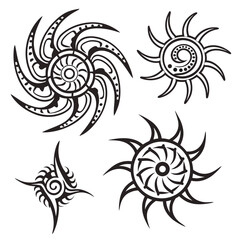 Tribal swirl sun and star designs tattoo