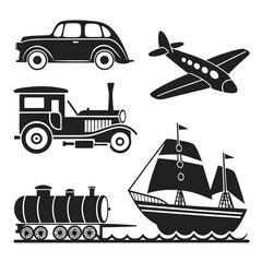 Vintage car airplane steam train cargo train sailing ship