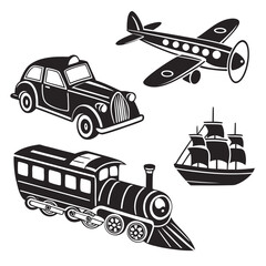 Vintage car airplane train ship silhouettes vector