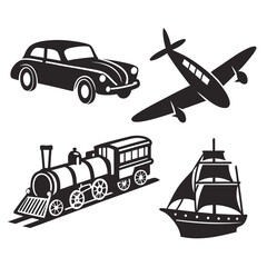 Vintage car airplane train ship silhouettes vector