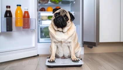 Pug dog sits on a scale near a fridge