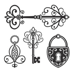 Vintage keys and lock ornate design decorative