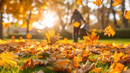Golden autumn leaves falling on lush green grass in a sun-drenched park with a person walking in the warm glow