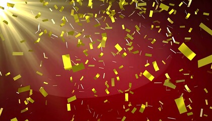 Gold confetti falling on a red background with sunbeams