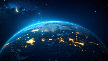 Earth from space at night, with visible city lights and a crescent moon
