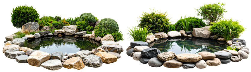 set of pond surrounded by stones and green bushes isolated on white