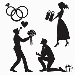 Wedding proposal scene with rings and gifts engagement