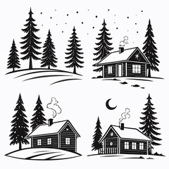 Winter cabins pine trees snowy landscape vector