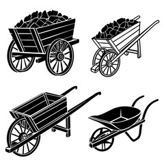 Wooden carts and wheelbarrows filled with coal wagon