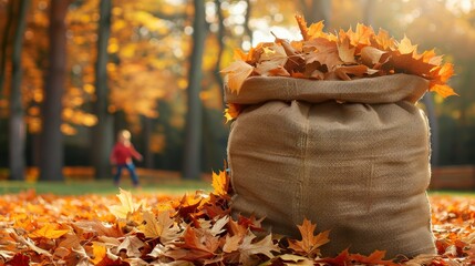 Golden autumn leaves overflowing from a burlap sack in a sunlit park, with a child playing in the background.