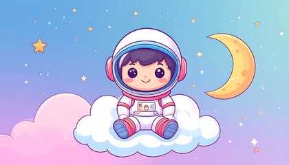 Naklejka premium Cute astronaut on a cloud in the night sky
