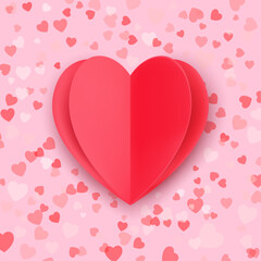 Romantic red heart in paper cut style surrounded by tiny hearts on a soft pink background. Perfect for Valentine’s Day, greeting cards, and romantic design. Stylish and colorful vector illustration.