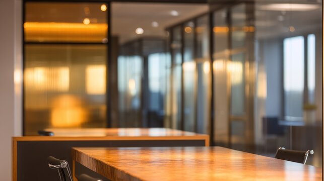 Modern office interior with wooden table glass partitions and blurred background.