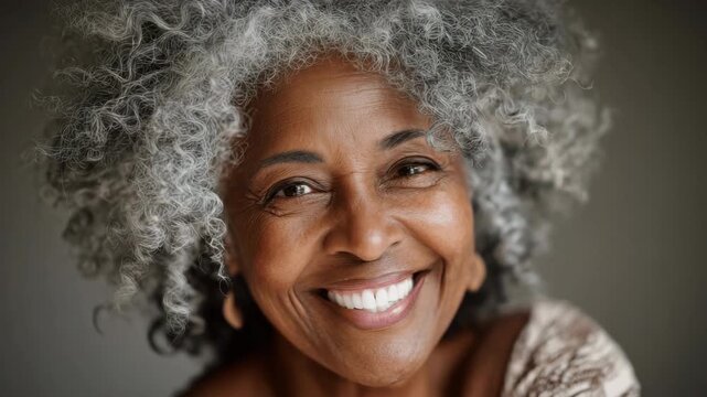 Close-up portrait of african american elderly woman with gray curly hair, beauty and aging. Diversity, self-expression. Old black grandmother face closeup. Cute elder grandma, retired person smile.