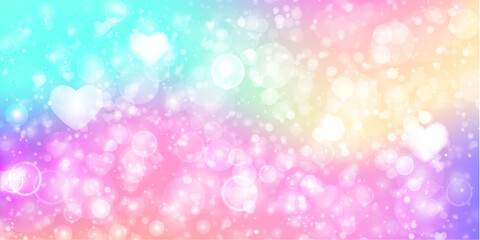 Soft pastel background with glowing bokeh circles, floating hearts, and a dreamy atmosphere. Ideal for greeting cards, social media, and romantic-themed designs. High-quality vector illustration
