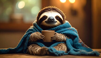 Sleepy sloth enjoying a warm drink