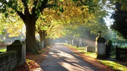 Sunlit Autumn Path Through Ancient Cemetery with Golden Trees and Misty Light Rays