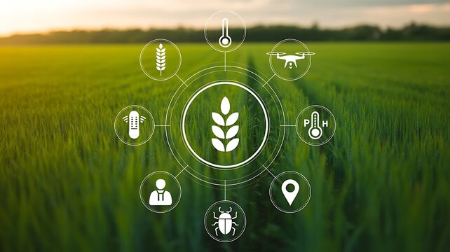 Futuristic agriculture technology in a lush green field with digital icons overlay - Powered by Adobe