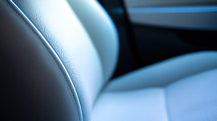 Car seat detail showing black and white leather with stitching close up.