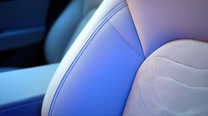 Close up of a car seat with white leather and visible stitching.