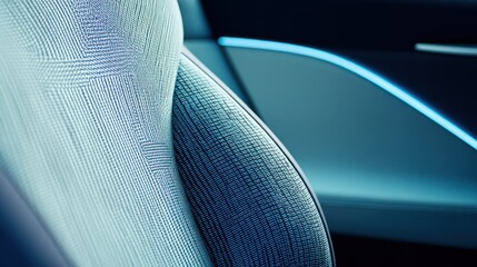Car interior detail shows a seat and ambient lighting in blue tones.