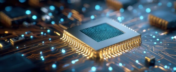 The Microchip Mounted on a Glowing High Tech Circuit Board Evoking Futuristic Computing Power