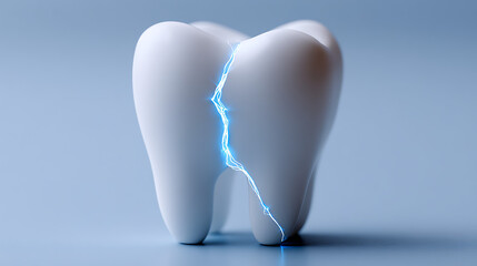 A conceptual 3D render of a cracked tooth with a glowing blue line, symbolizing dental pain, sensitivity, or damage on a clean, minimalist background.
