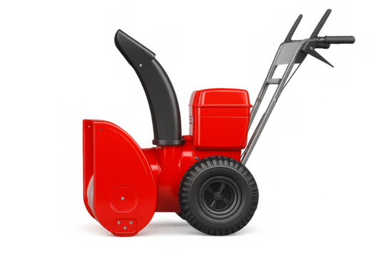 Red snow blower removing snow on transparent background