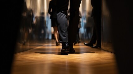 People walking in a hallway with wooden floor and dark surroundings.