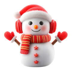 Cute and cheerful snowman wearing a santa hat earmuffs scarf and mittens on black background