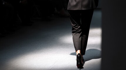 Person walks on a runway wearing black pants and shoes in low light.