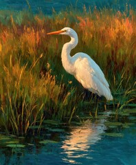 White heron stands near water with reeds in a painted style.
