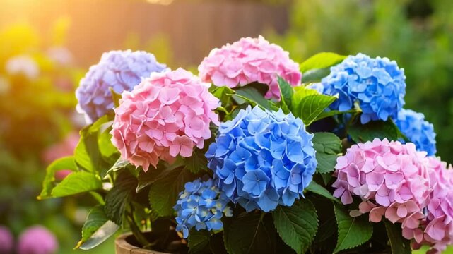 Vibrant hydrangeas in a pot