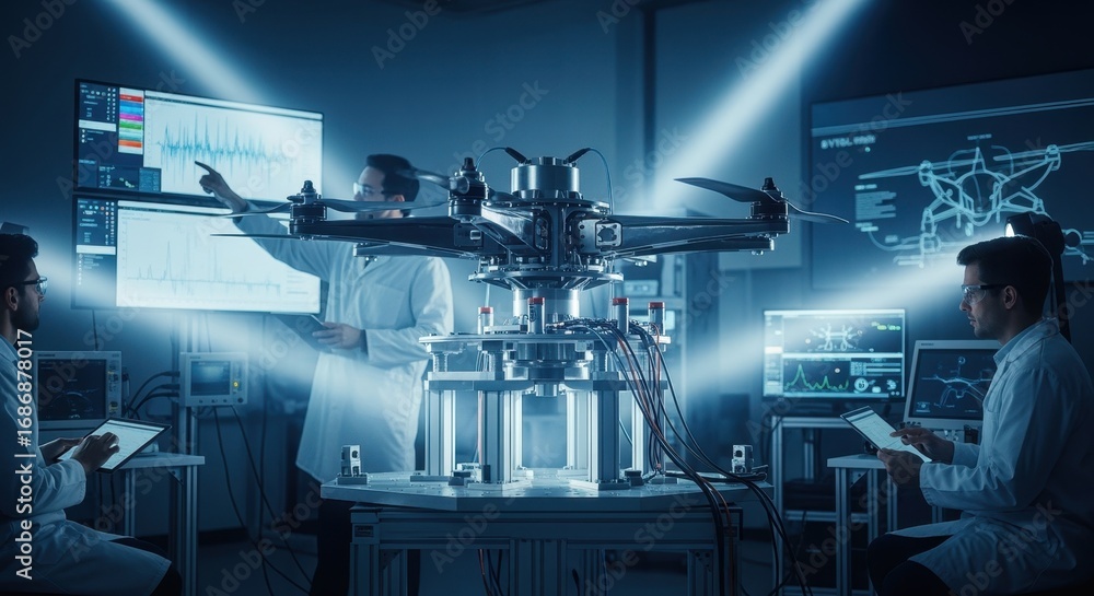 Poster engineering team monitoring data as evtol rotorhub experiences static load forces on a robust test s