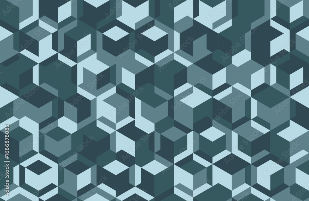 Poster abstract geometric seamless pattern. interlocking teal and light blue cubes create a dynamic, threed