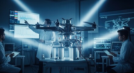 Engineering team monitoring data as eVTOL rotorhub experiences static load forces on a robust test stand in a modern aerospace lab environment.