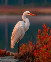 White heron stands on a stone wall with colorful foliage background.