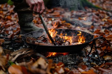 Hand stirring food in cast iron pan over open campfire in autumn forest, outdoor cooking adventure