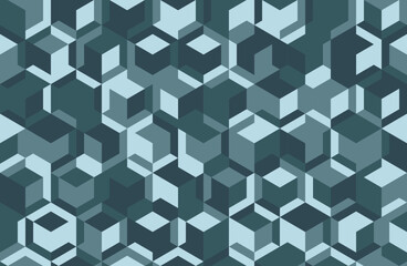 Abstract geometric seamless pattern.  Interlocking teal and light blue cubes create a dynamic, threedimensional effect. Ideal for backgrounds, textiles, and modern design projects.