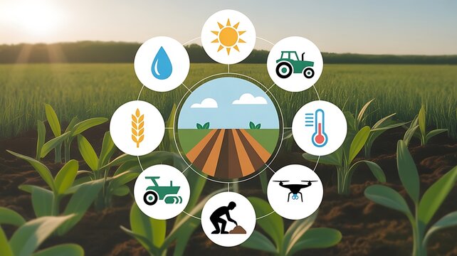 Smart farming technology agricultural innovation icons on a lush green field landscape