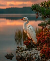 White bird stands near water with orange sunset reflection in the background.