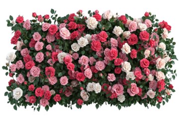 Pink, red, and white roses adorning a flourishing bush isolated on transparent background