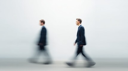 Two men in suits walk motion blur white background business concept.
