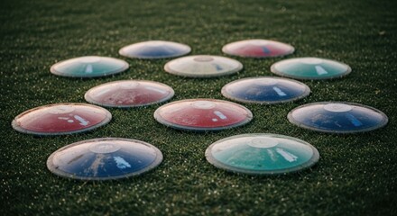 Many colorful discs on grassy field