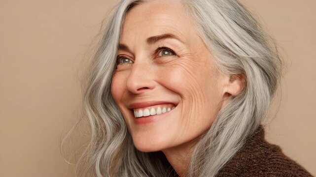Close-up portrait of happy European elderly woman with gray hair, beauty and aging. Self-expression. Old grandmother face closeup. Cute elder grandma, retired person smile. Senior mature pensioner.
