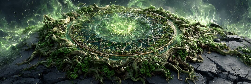 Abstract energy sigils in vivid green on obsidian background with digital cracks