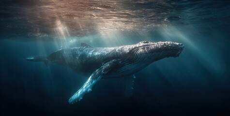 Fototapeta premium A large humpback whale glides serenely through the deep blue ocean, surrounded by shafts of light filtering from the surface. Its massive body moves with grace in the tranquil waters